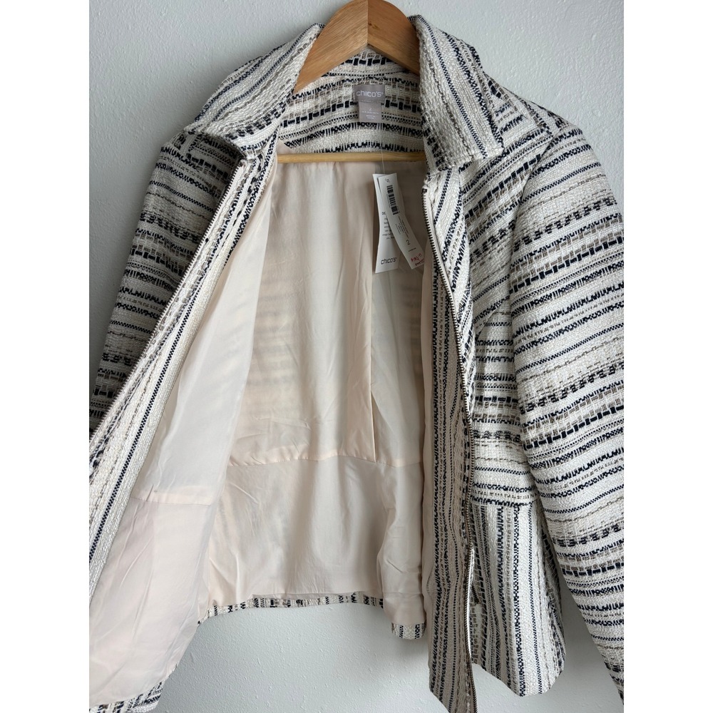 Chico's Sophisticated Tweed Jacket Zip Front Striped Multi Size 2 Large XL NEW - Picture 3 of 9